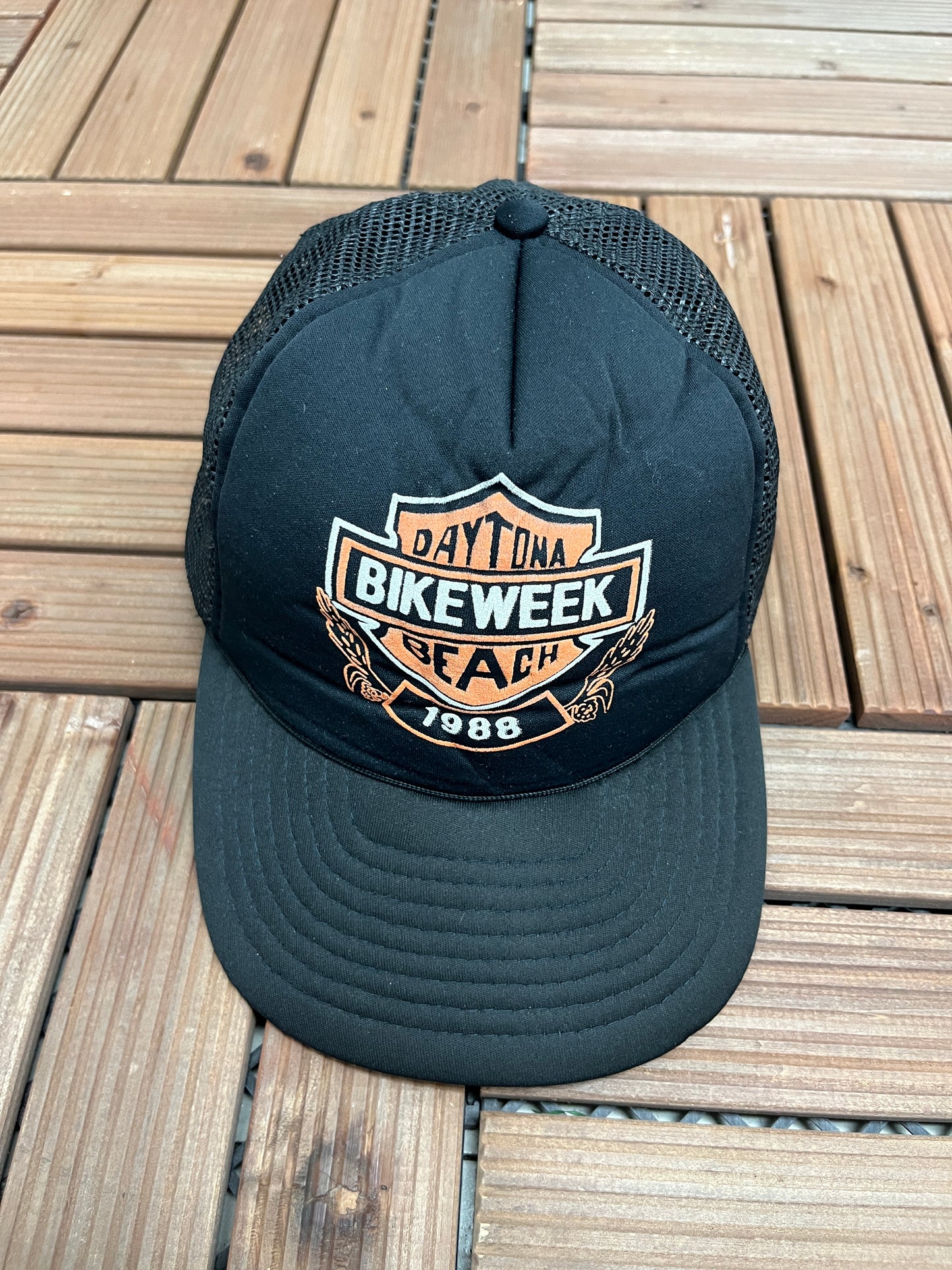 Daytona Beach Bike Week 1988 Graphic Hat | Snap Back | Vintage 1980s Trucker Biker Motorcycle Black Cap |