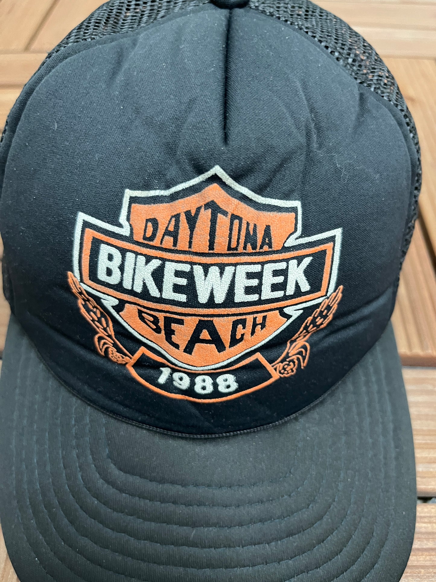 Daytona Beach Bike Week 1988 Graphic Hat | Snap Back | Vintage 1980s Trucker Biker Motorcycle Black Cap |