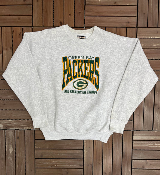 Green Bay Packers 1996 NFC Central Champs Graphic Crewneck | Size X-Large | Vintage 1990s NFL Football Grey Sweater |