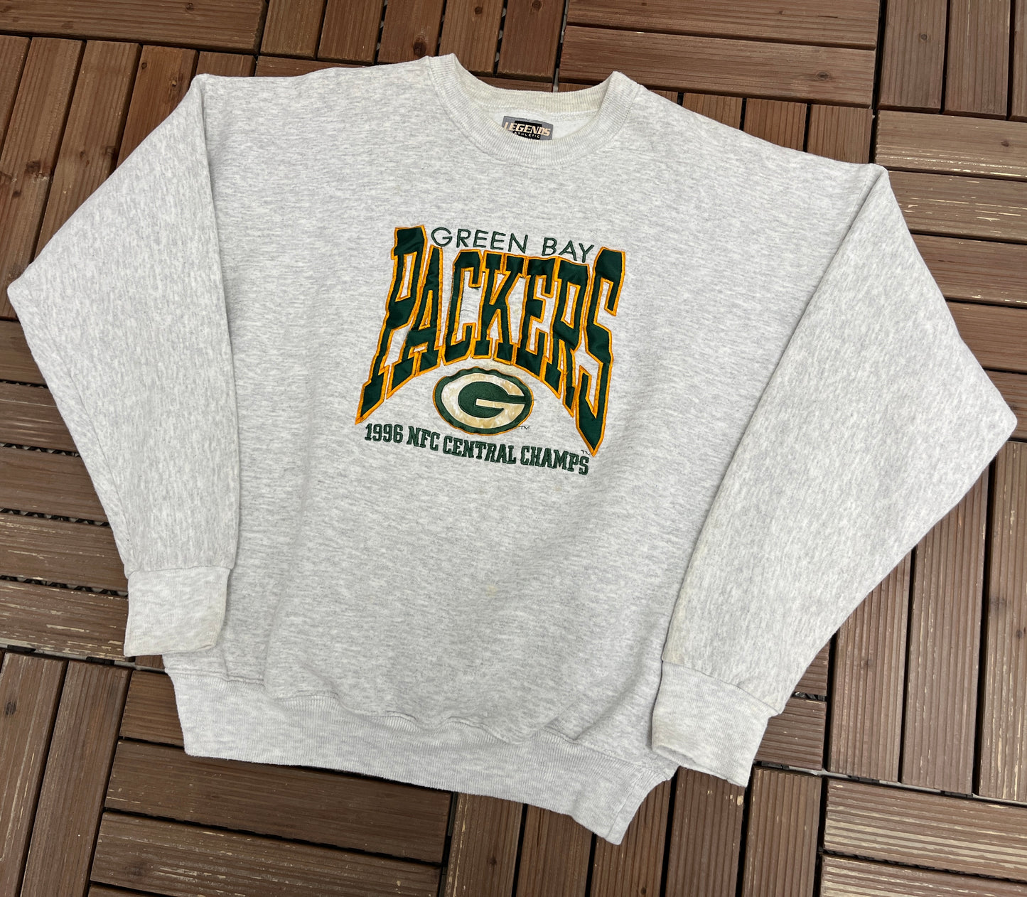 Green Bay Packers 1996 NFC Central Champs Graphic Crewneck | Size X-Large | Vintage 1990s NFL Football Grey Sweater |