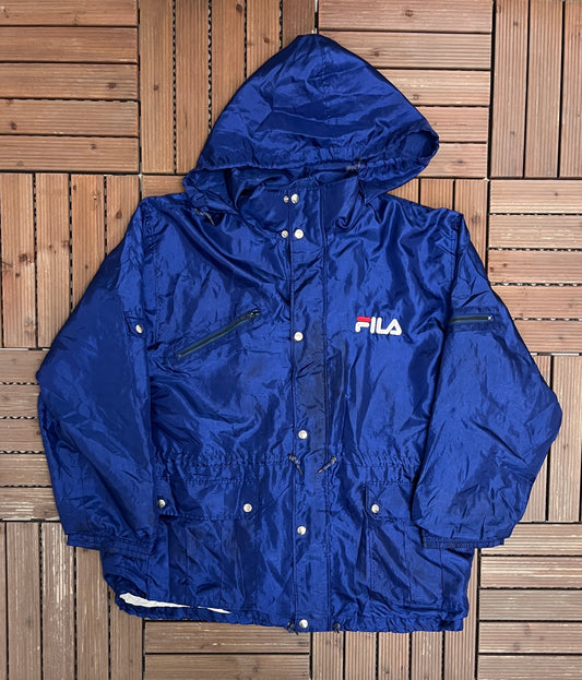 FILA Embroidered Graphic Windbreaker Jacket | Size X-Large | Vintage 1990s Branded Blue Windbreaker |