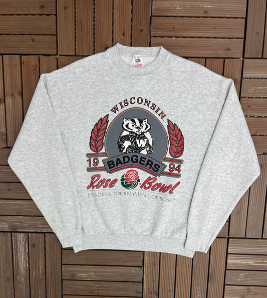 Wisconsin Badgers Rose Bowl 1994 Graphic Crewneck | Size X-Large | Vintage 1990s College Sports Grey Sweater |