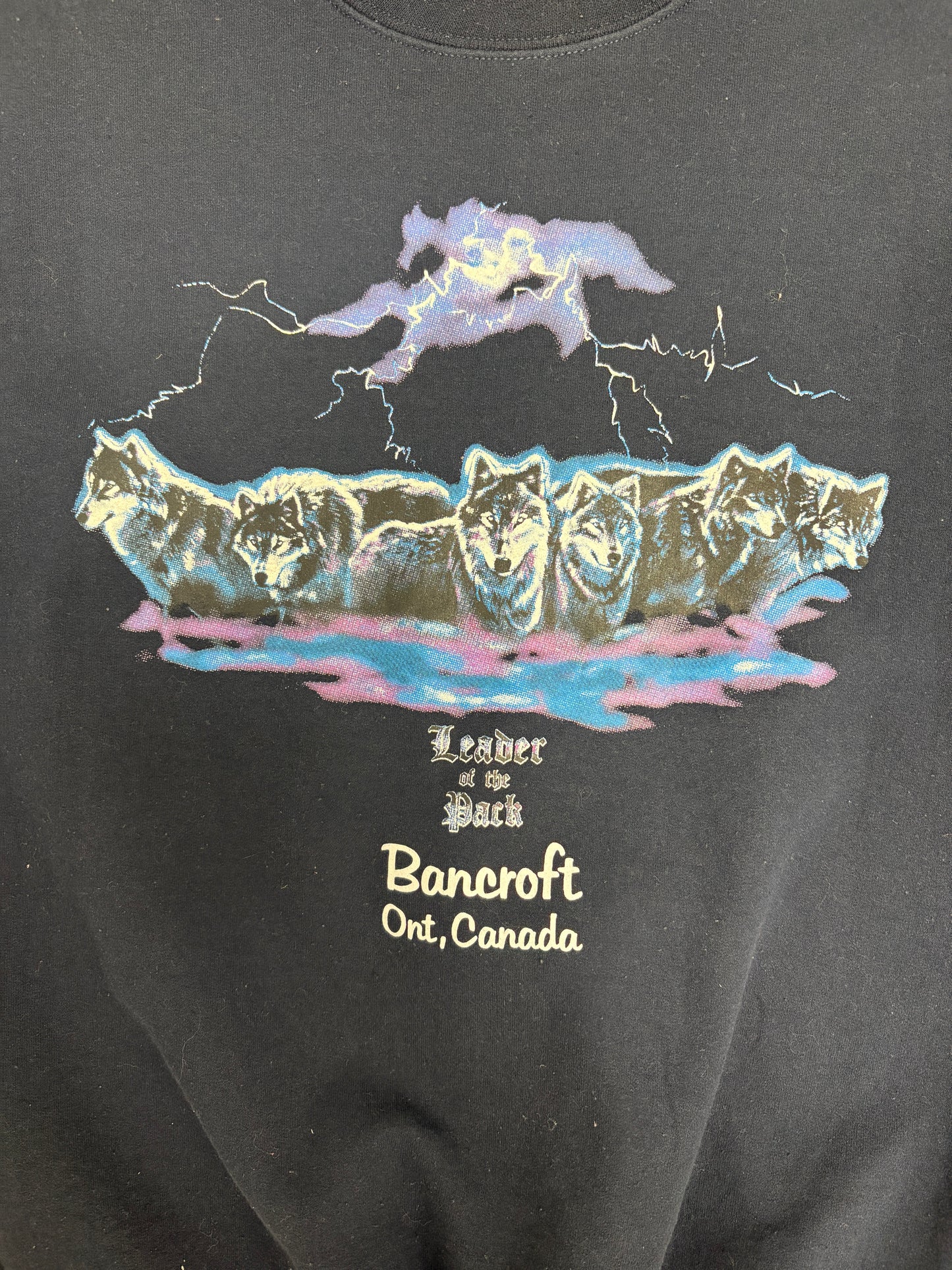 Wolves Leader Of The Pack Bancroft, ON Graphic Crewneck | Size X-Large | Vintage 2000s Tourist Promotional Blue Sweater |