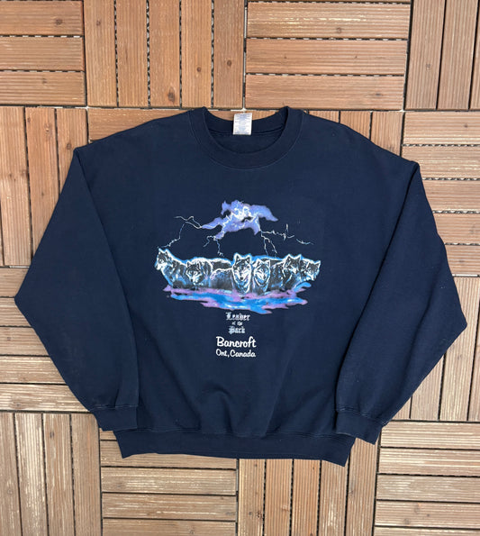 Wolves Leader Of The Pack Bancroft, ON Graphic Crewneck | Size X-Large | Vintage 2000s Tourist Promotional Blue Sweater |