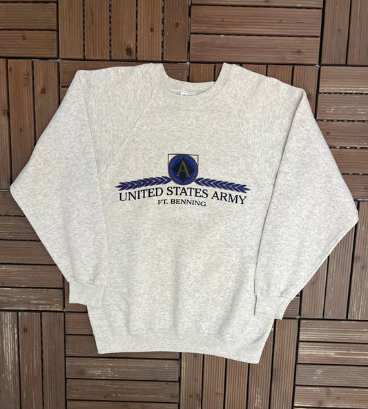 United States Army Ft. Benning Graphic Crewneck | Size Large | Vintage 1990s Made in USA Grey Sweater |