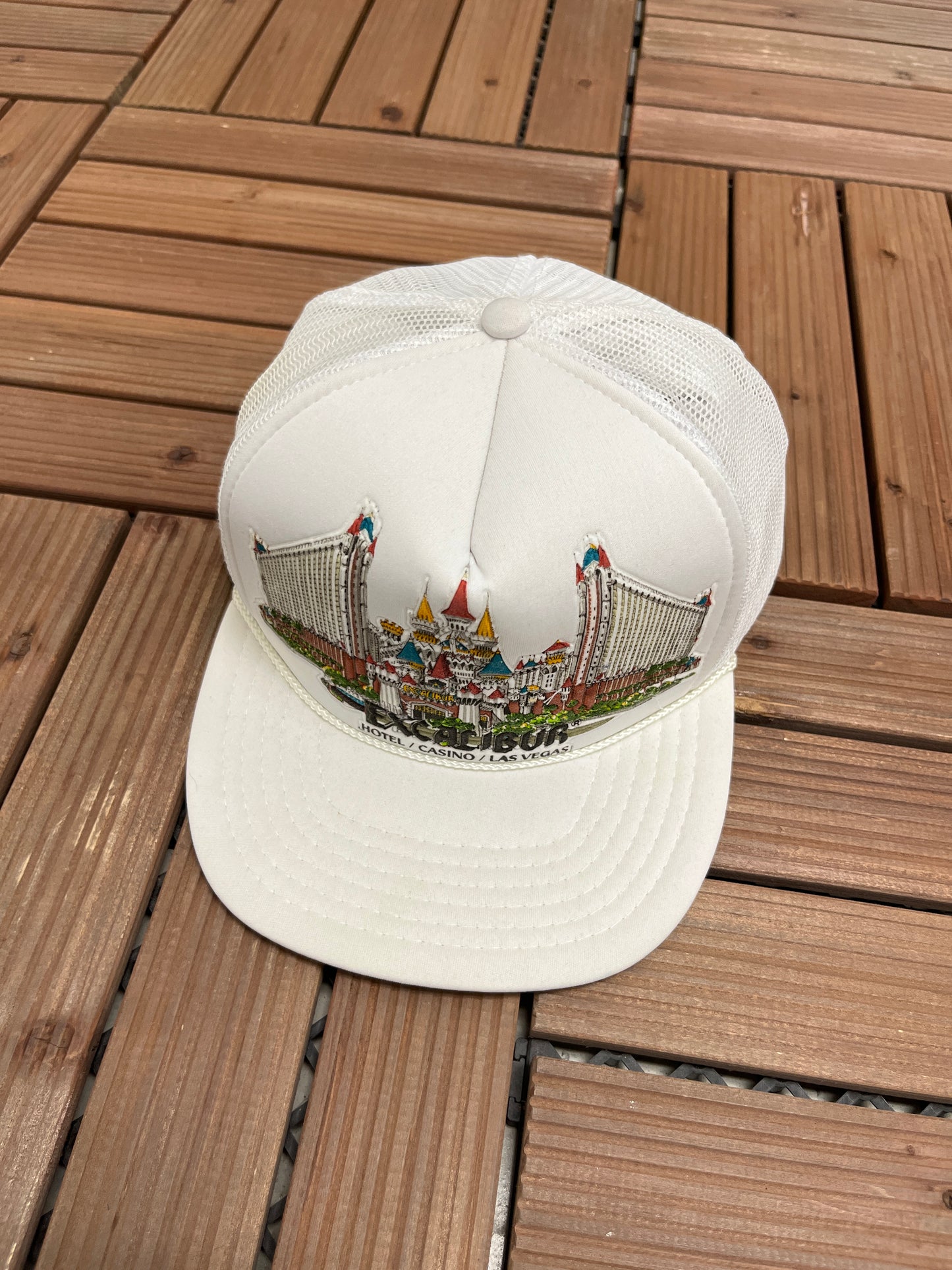 Excalibur Hotel & Casino Las Vegas Graphic Hat | Snap Back | Vintage 1990s Promotional White Trucker Cap |