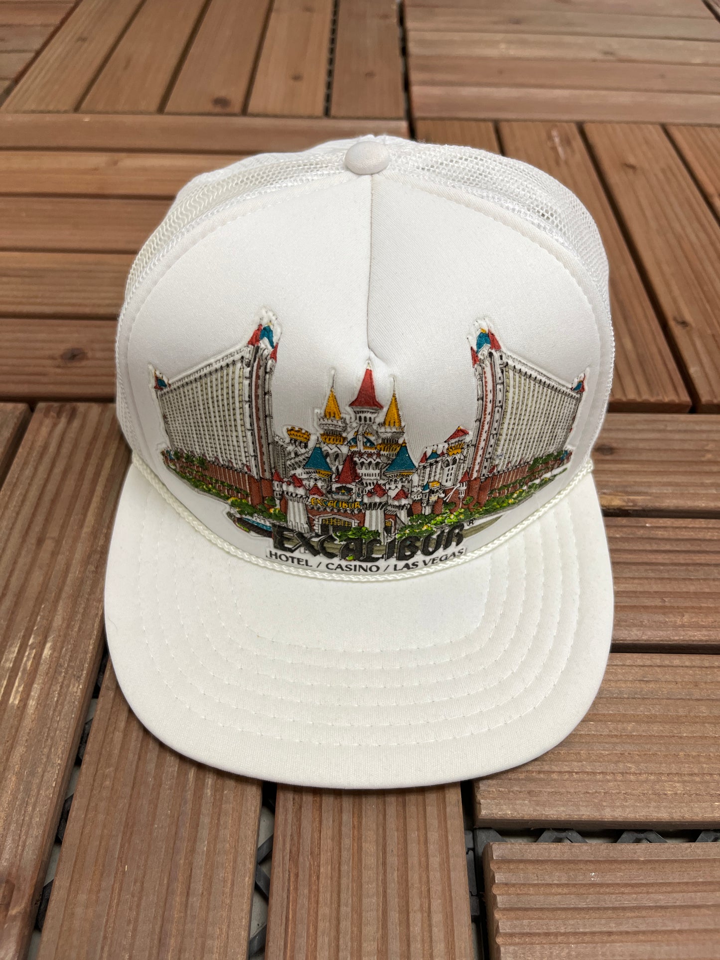 Excalibur Hotel & Casino Las Vegas Graphic Hat | Snap Back | Vintage 1990s Promotional White Trucker Cap |