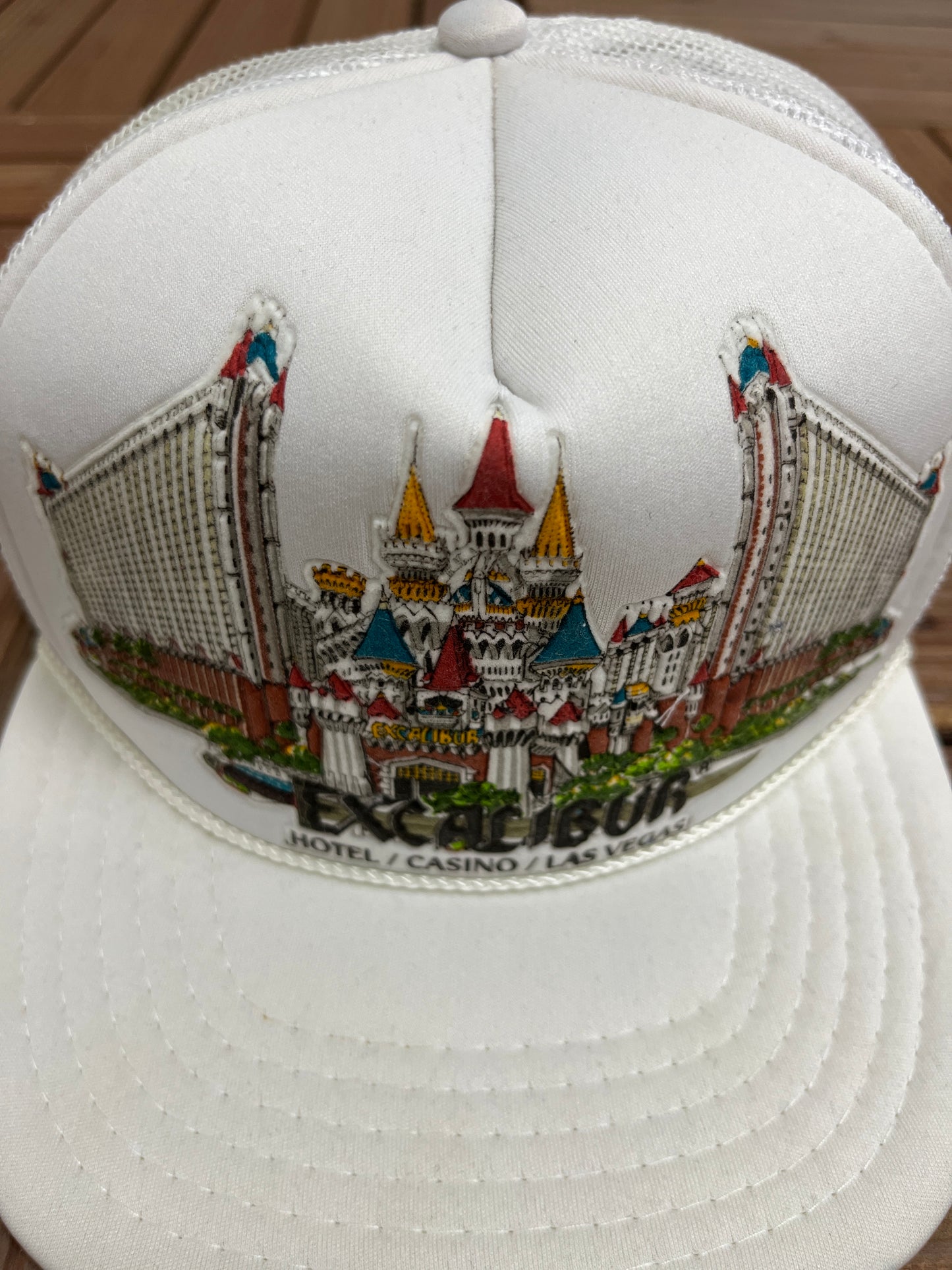 Excalibur Hotel & Casino Las Vegas Graphic Hat | Snap Back | Vintage 1990s Promotional White Trucker Cap |