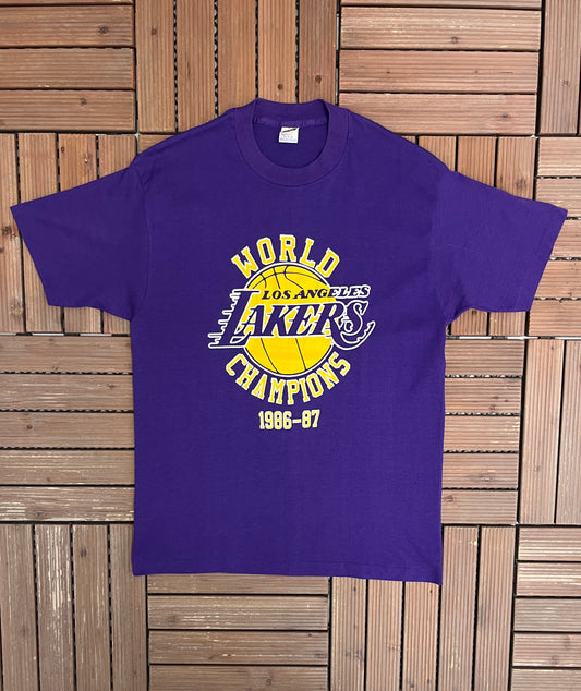 Los Angeles Lakers World Champions 1987 Graphic Tee | Size X-Large | Vintage 1980s NBA Basketball Purple T-Shirt |