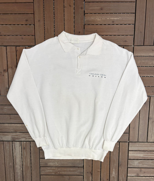 Celine Dion Unison Embroidered Graphic Sweater | Size XX-Large | Vintage 1990s Promotional White Sweater |