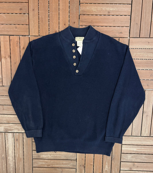 L.L. Bean Waffle Knit Sweater | Size Large Long | Vintage 1990s Branded Blue Sweatshirt |