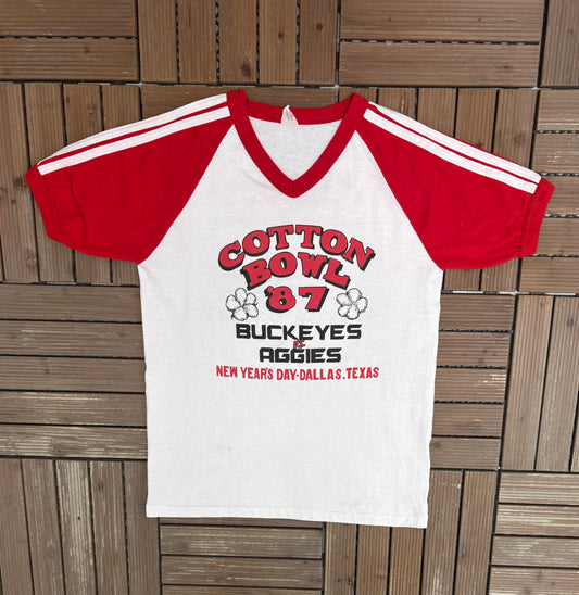 Ohio State Buckeyes vs. Texas A&M Aggies Cotton Bowl '87 Graphic Tee | Size Large | Vintage 1980s College White T-Shirt |