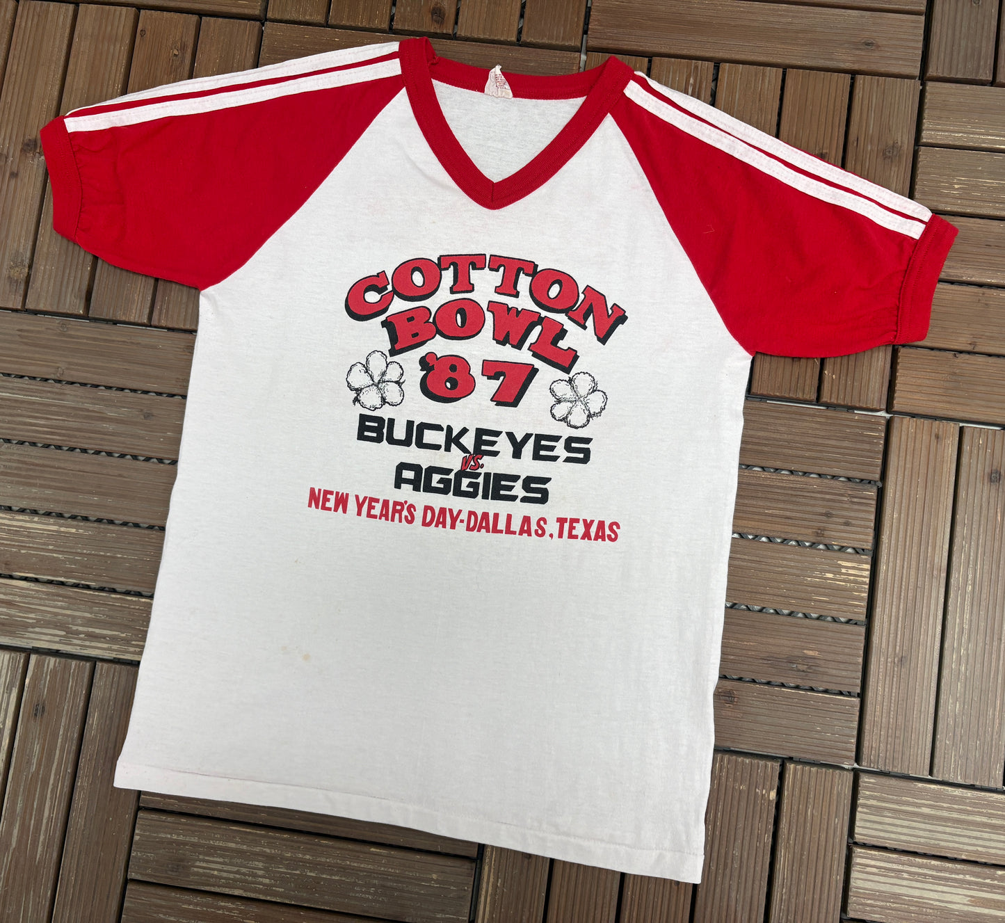 Ohio State Buckeyes vs. Texas A&M Aggies Cotton Bowl '87 Graphic Tee | Size Large | Vintage 1980s College White T-Shirt |