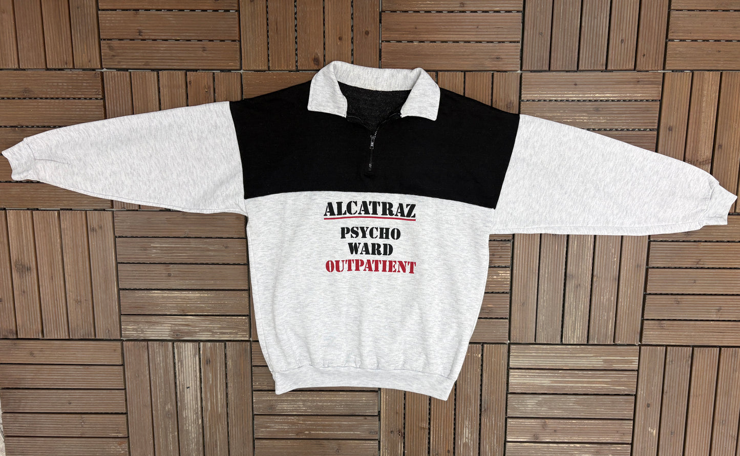 Alcatraz Psycho Ward Outpatient Graphic Quarter Zip | Size X-Large | Vintage 1990s Funny Grey Sweater |