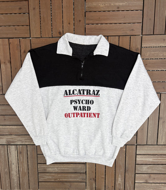 Alcatraz Psycho Ward Outpatient Graphic Quarter Zip | Size X-Large | Vintage 1990s Funny Grey Sweater |