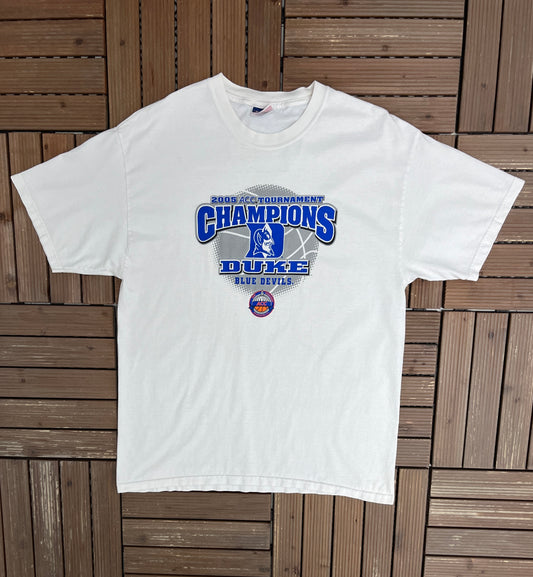 Duke Blue Devils 2005 ACC Champions Graphic Tee | Size Large | Vintage 2000s College Basketball White T-Shirt |