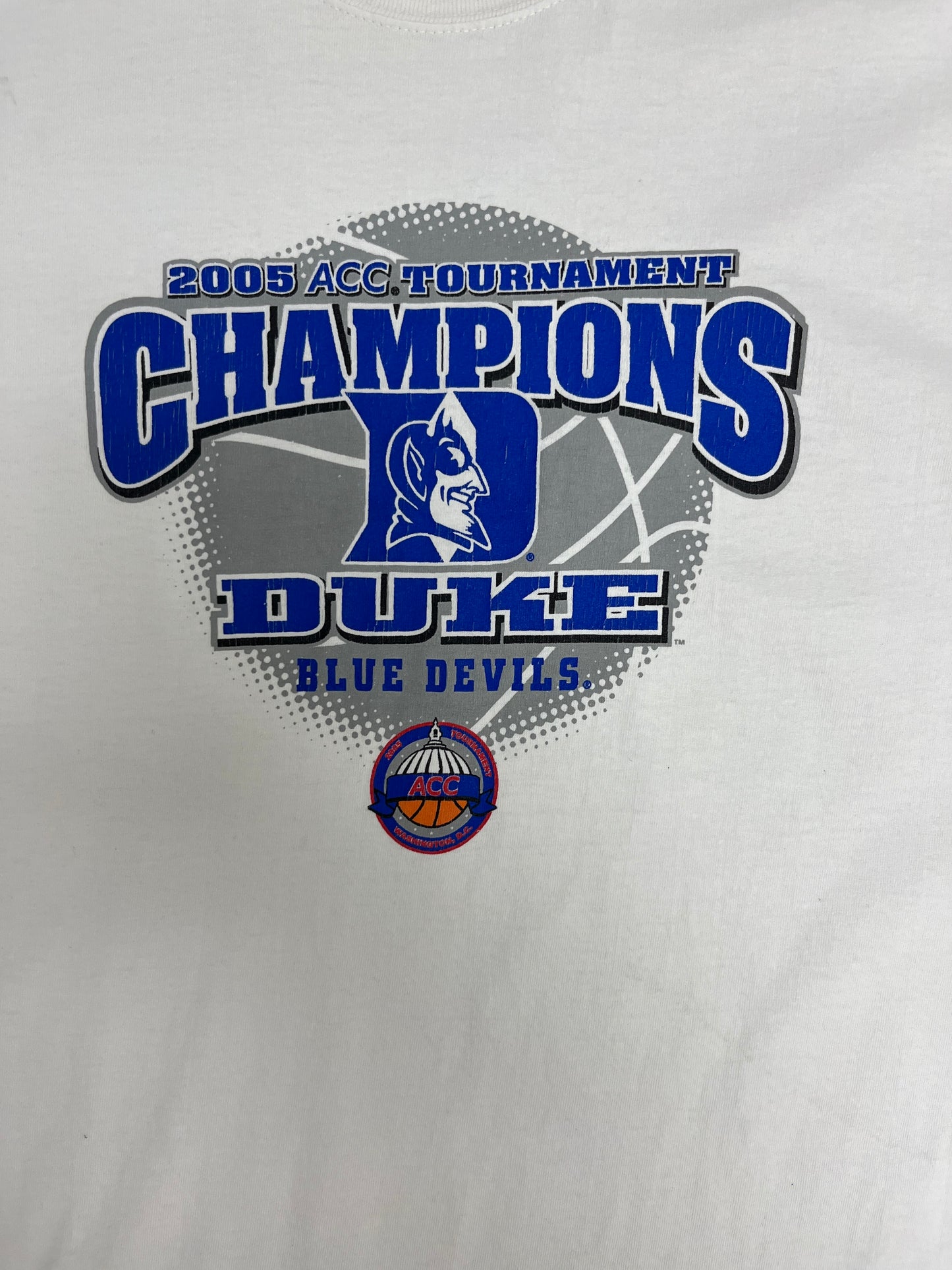 Duke Blue Devils 2005 ACC Champions Graphic Tee | Size Large | Vintage 2000s College Basketball White T-Shirt |