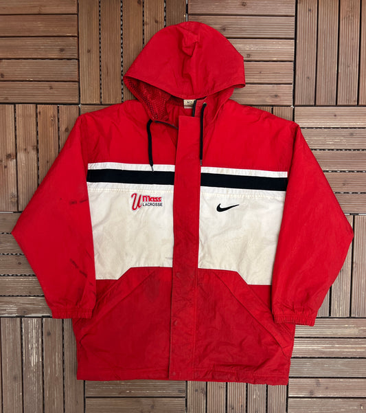 UMass Minutemen Lacrosse Puffer Jacket | Size Medium | Vintage 1990s College Sports Red Nike Branded Jacket |