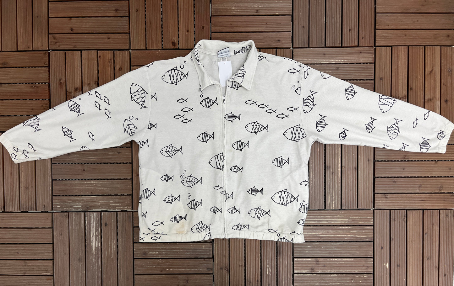 Fish All Over Graphic Sweater | Size X-Large | Vintage 1990s Promotional White Zip Up |