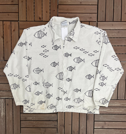 Fish All Over Graphic Sweater | Size X-Large | Vintage 1990s Promotional White Zip Up |