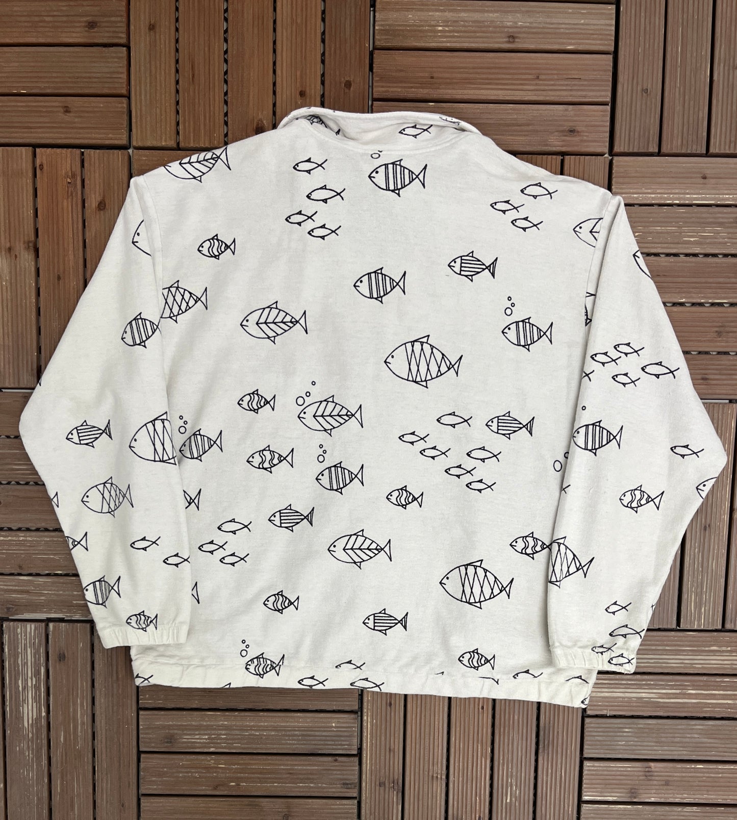 Fish All Over Graphic Sweater | Size X-Large | Vintage 1990s Promotional White Zip Up |