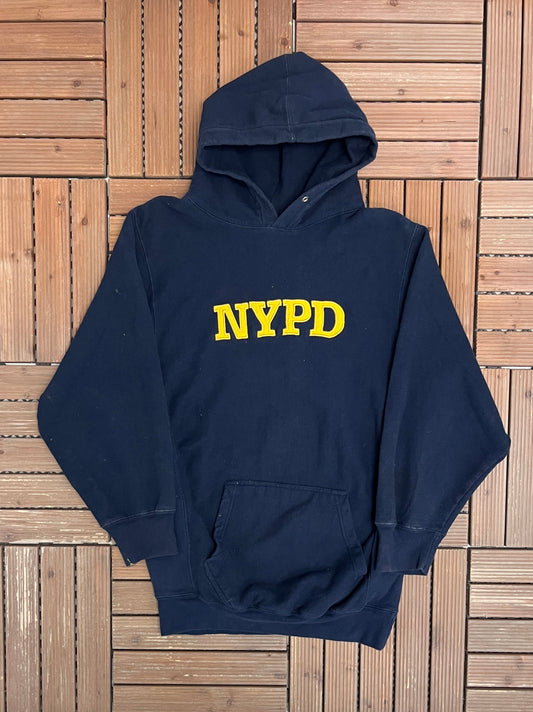 New York Police Department Stitched Graphic Hoodie | Size Medium | Vintage 2000s Promotional Blue Sweatshirt |