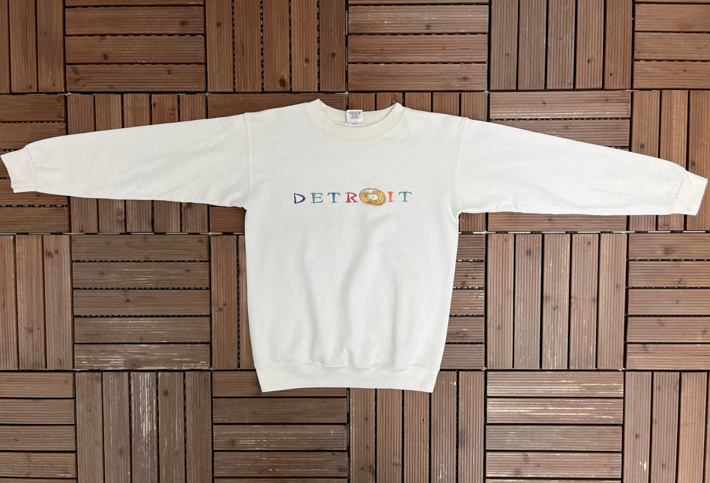 Detroit Spell Out Embroidered Graphic Crewneck | Size Medium | Vintage 1990s Made in USA White Sweater |