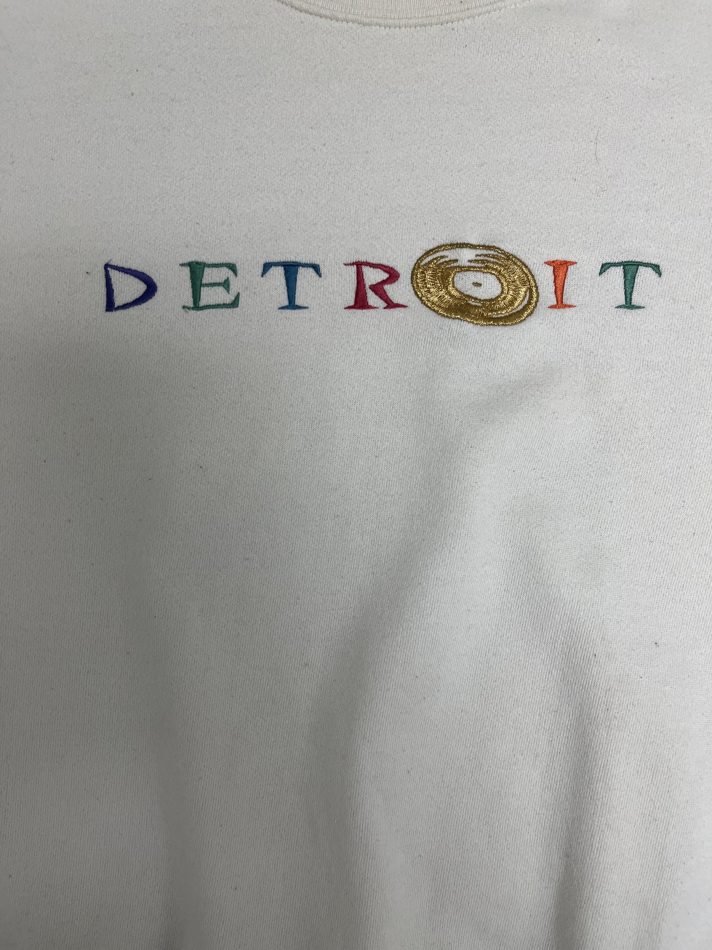 Detroit Spell Out Embroidered Graphic Crewneck | Size Medium | Vintage 1990s Made in USA White Sweater |