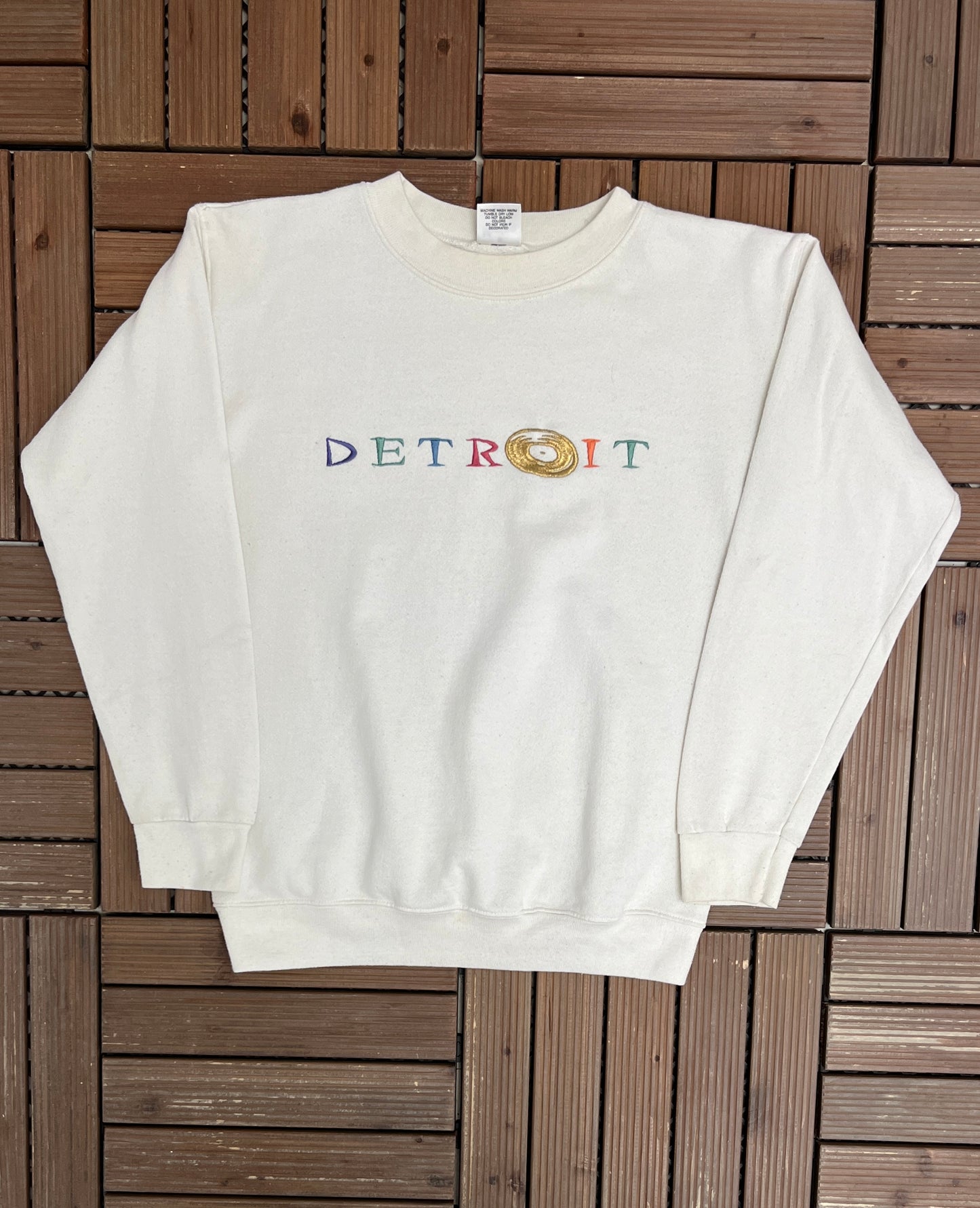 Detroit Spell Out Embroidered Graphic Crewneck | Size Medium | Vintage 1990s Made in USA White Sweater |