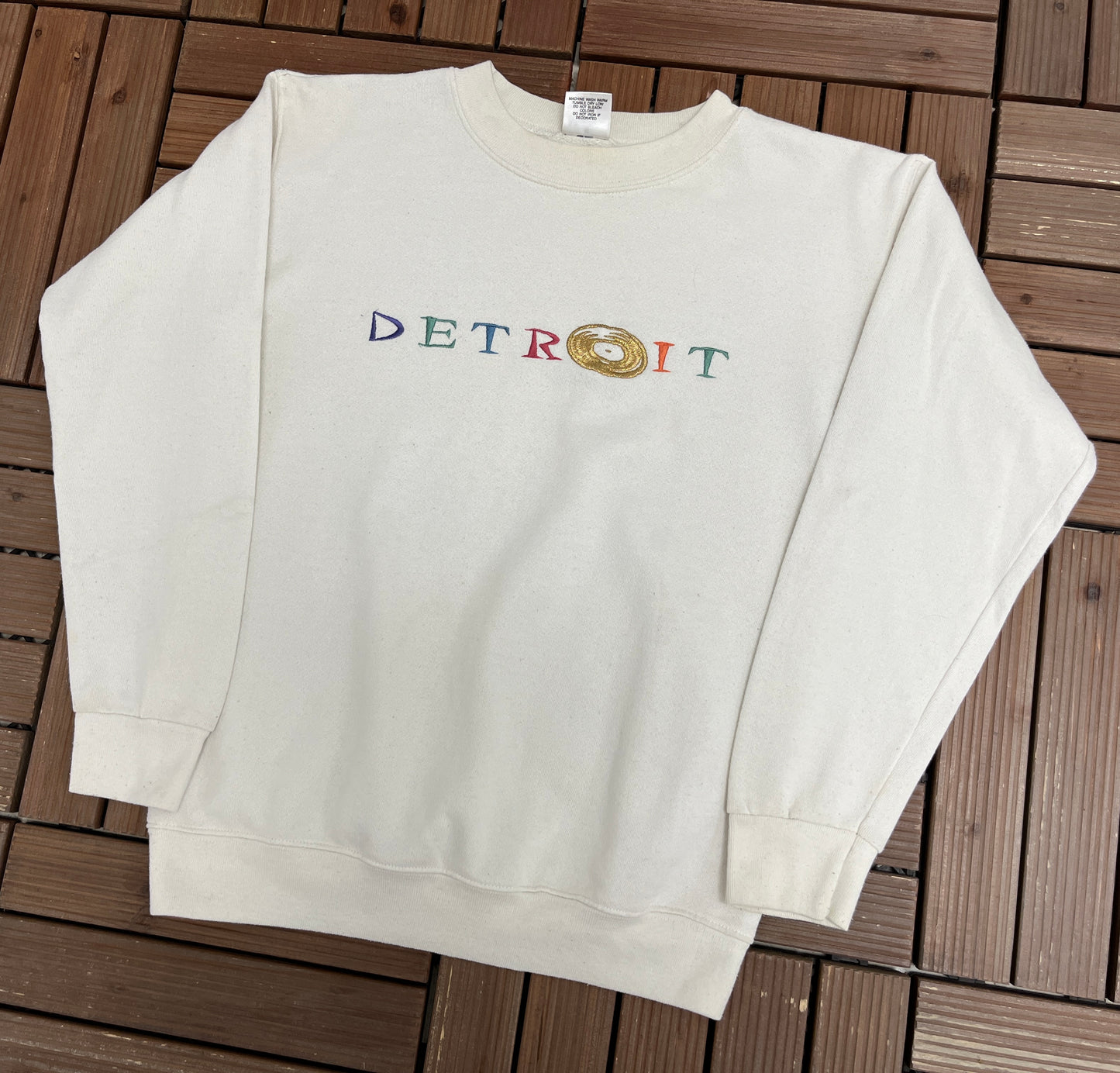 Detroit Spell Out Embroidered Graphic Crewneck | Size Medium | Vintage 1990s Made in USA White Sweater |