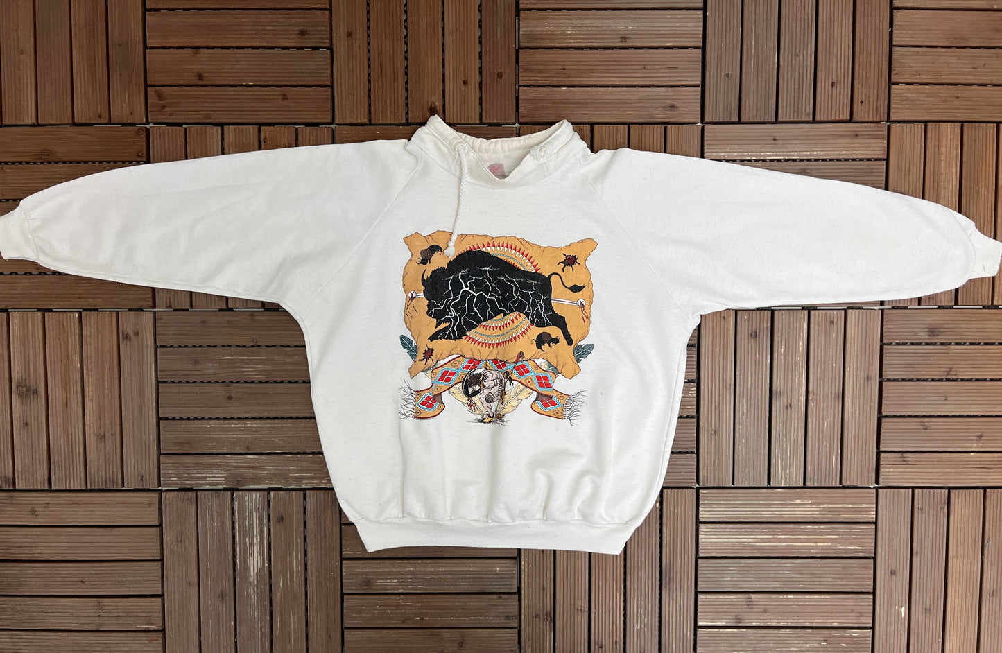 Abstract Native Art Graphic Crewneck | Size X-Large | Vintage 1990s Tourist Promotional White Sweater |