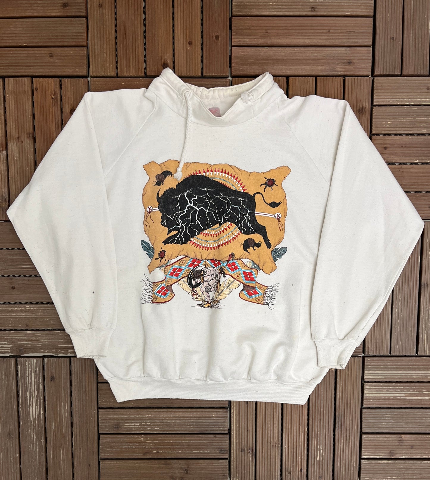 Abstract Native Art Graphic Crewneck | Size X-Large | Vintage 1990s Tourist Promotional White Sweater |