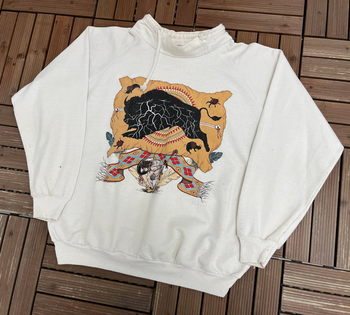 Abstract Native Art Graphic Crewneck | Size X-Large | Vintage 1990s Tourist Promotional White Sweater |