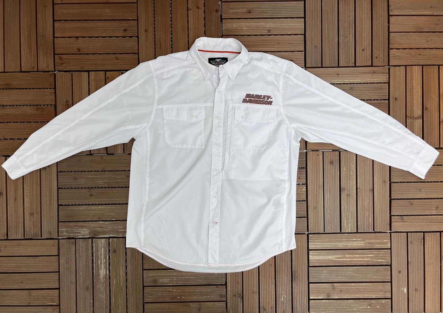 Harley Davidson Racing Graphic Tee | Size X-Large | Vintage 1990s Button Down White Shirt |