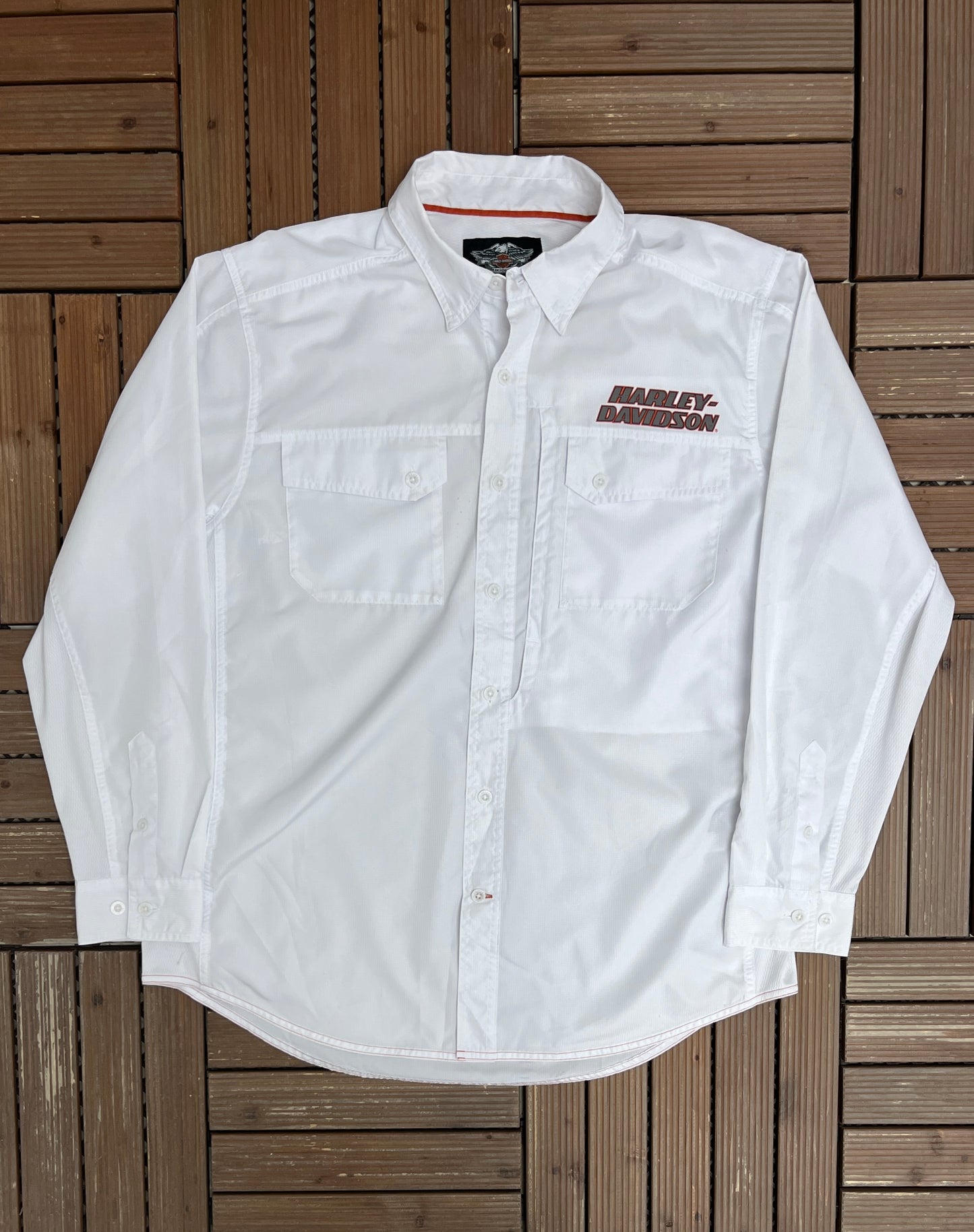 Harley Davidson Racing Graphic Tee | Size X-Large | Vintage 1990s Button Down White Shirt |