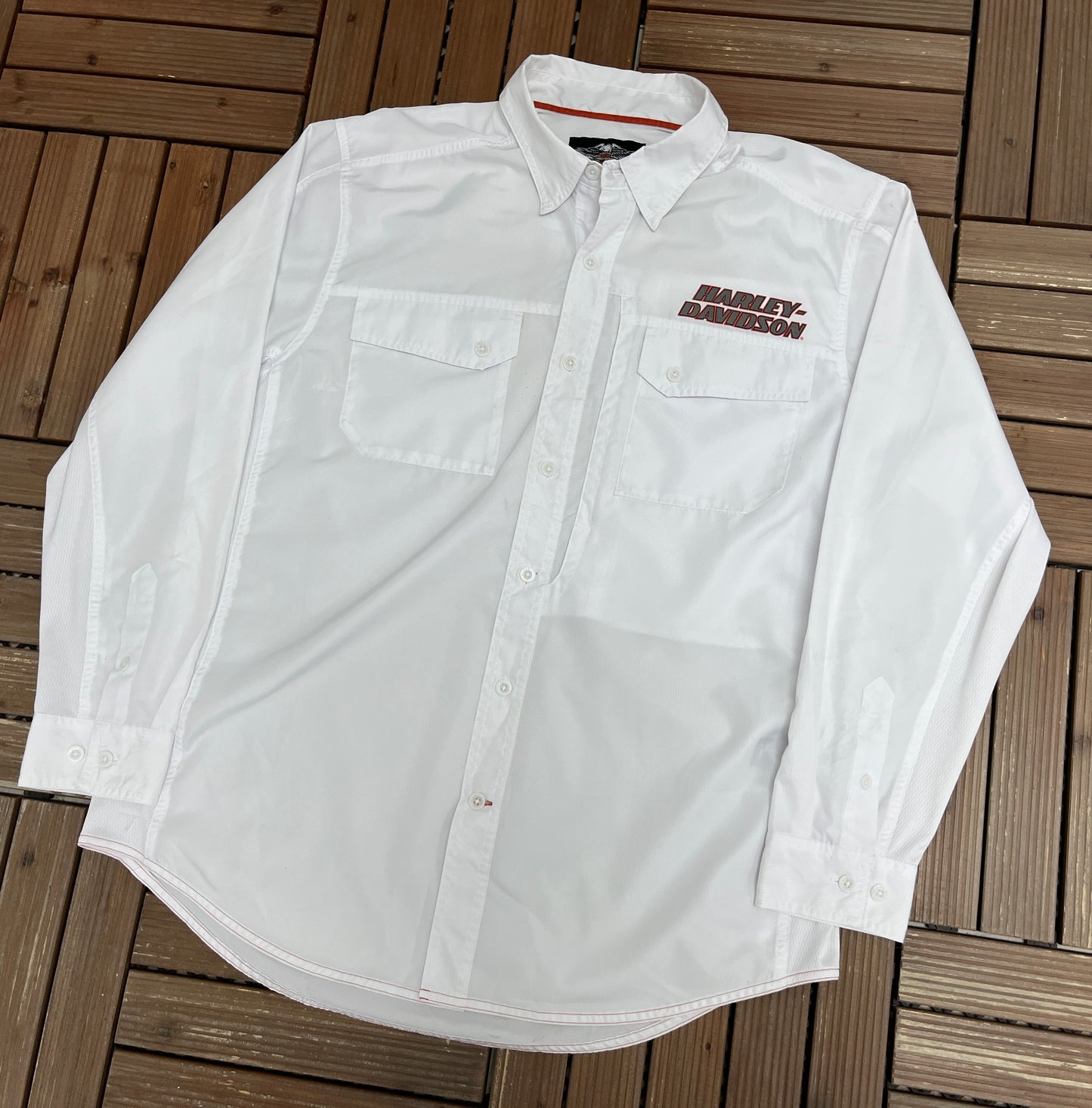 Harley Davidson Racing Graphic Tee | Size X-Large | Vintage 1990s Button Down White Shirt |