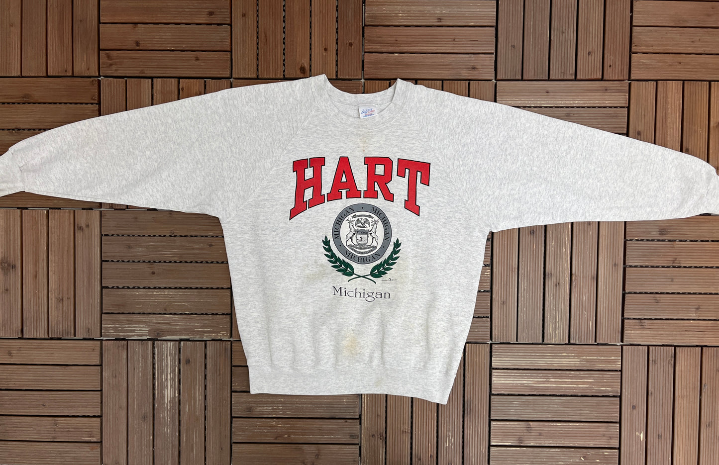 Hart, Michigan City Crest Graphic Crewneck | Size XX-Large | Vintage 1990s Tourist Promotional Grey Sweater |