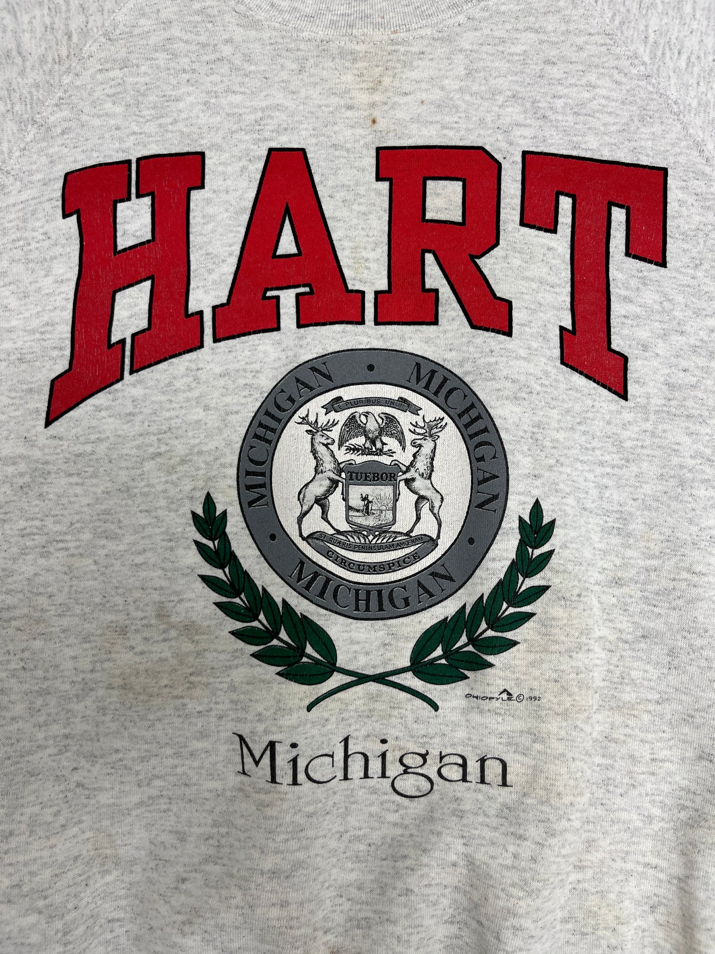 Hart, Michigan City Crest Graphic Crewneck | Size XX-Large | Vintage 1990s Tourist Promotional Grey Sweater |