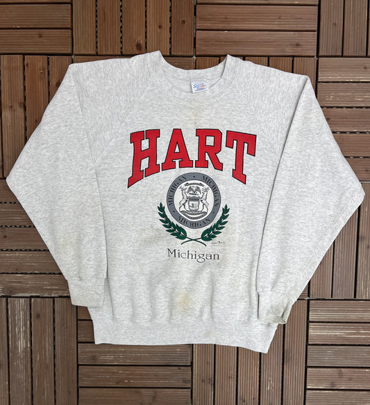 Hart, Michigan City Crest Graphic Crewneck | Size XX-Large | Vintage 1990s Tourist Promotional Grey Sweater |