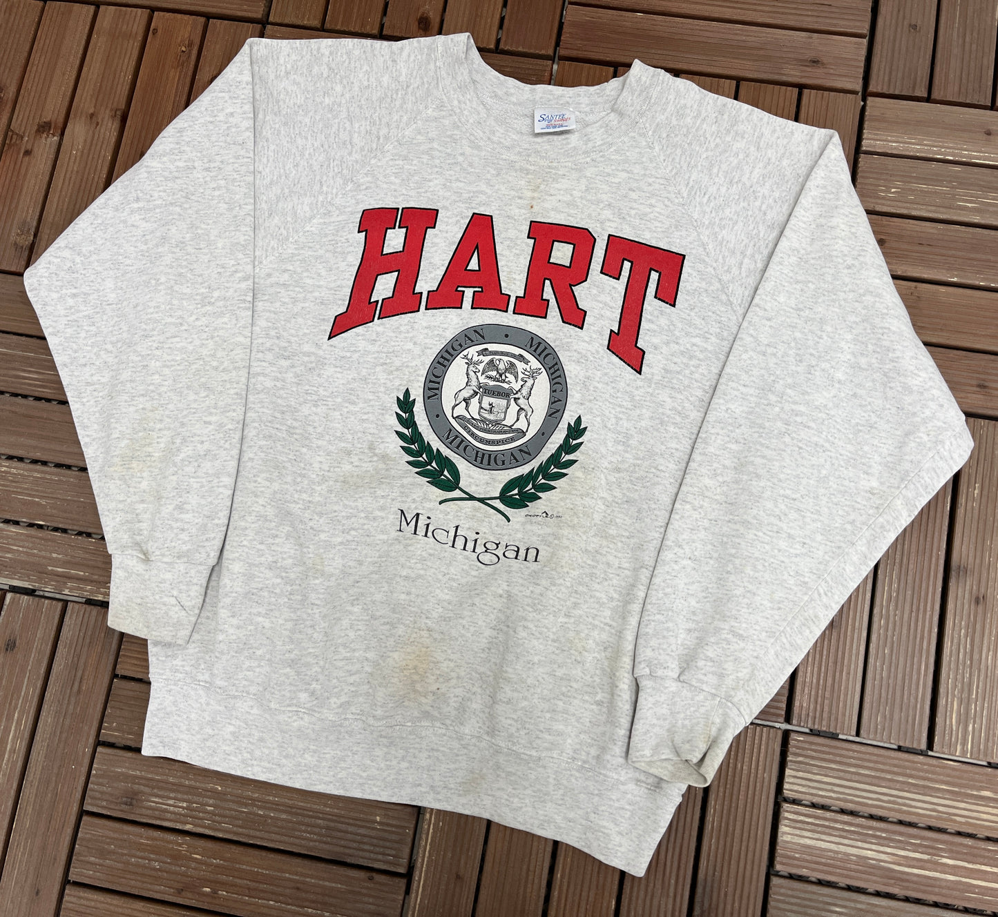 Hart, Michigan City Crest Graphic Crewneck | Size XX-Large | Vintage 1990s Tourist Promotional Grey Sweater |