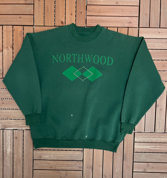 Northwood, Michigan Argyle Graphic Crewneck | Size X-Large | Vintage 1990s Tourist Promotional Green Sweater |