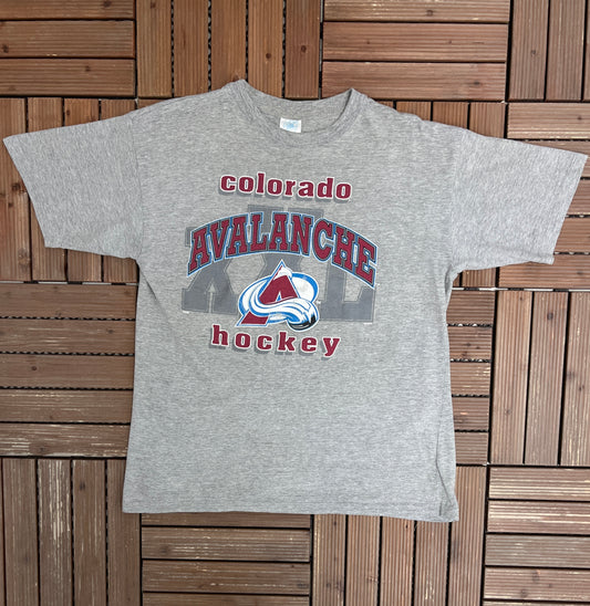 Colorado Avalanche Hockey Graphic Tee | Size Large | Vintage 1990s NHL Hockey Grey T-Shirt |