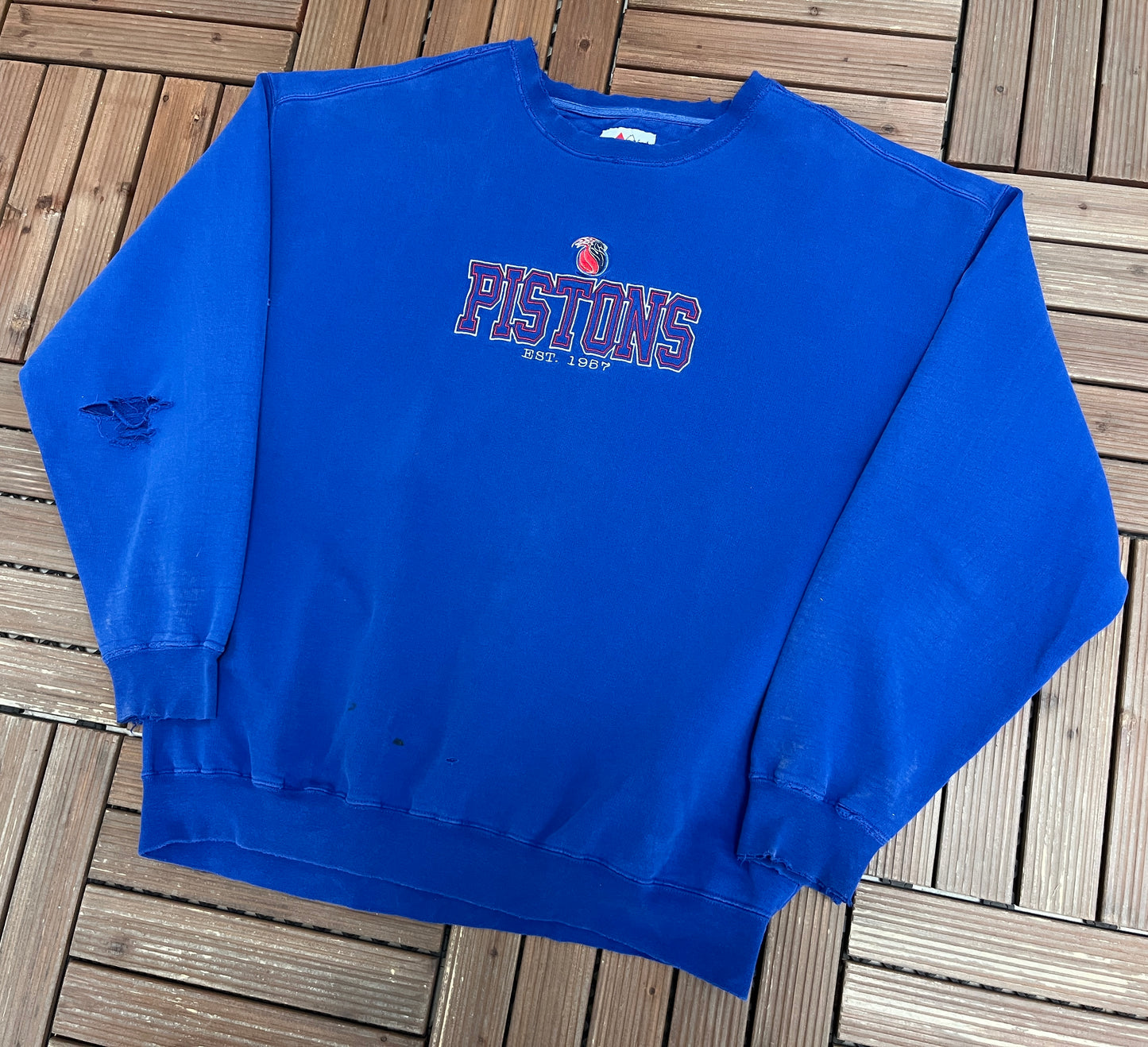 Detroit Pistons Embroidered Graphic Crewneck | Size XX-Large | Vintage 2000s NBA Basketball Blue Sweater |