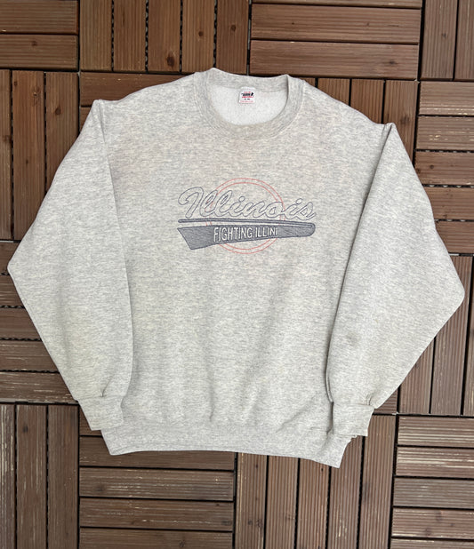 Illinois Fighting Illini Stitched Graphic Crewneck | Size X-Large | Vintage 1990s College Sports Grey Sweater |