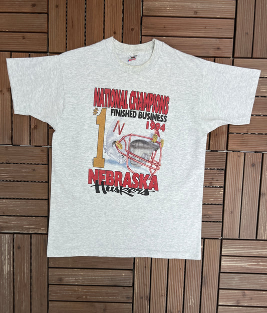 Nebraska Cornhuskers National Champions Graphic Tee | Size Large | Vintage 1990s College Football Grey T-Shirt |