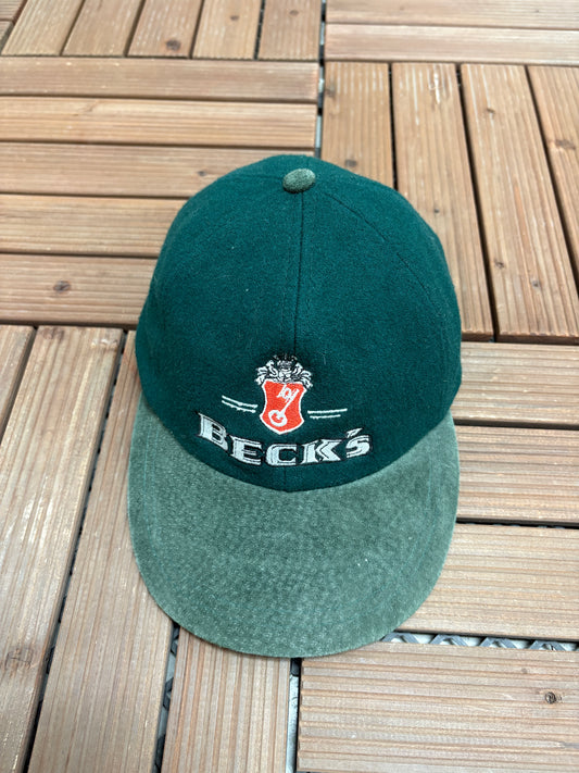 Beck's Canada's Favourite German Beer Graphic Hat | Metal Clasp | Vintage 1990s Alcohol Promotional Green Cap |