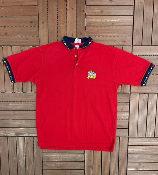 Chuck E. Cheese Embroidered Graphic Tee | Size Large | Vintage 2000s Collared Red T-Shirt |