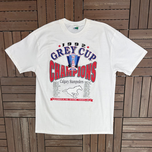 Calgary Stampeders Grey Cup Champions 1992 Graphic Tee | Size Large | Vintage 1990s CFL Football White T-Shirt |