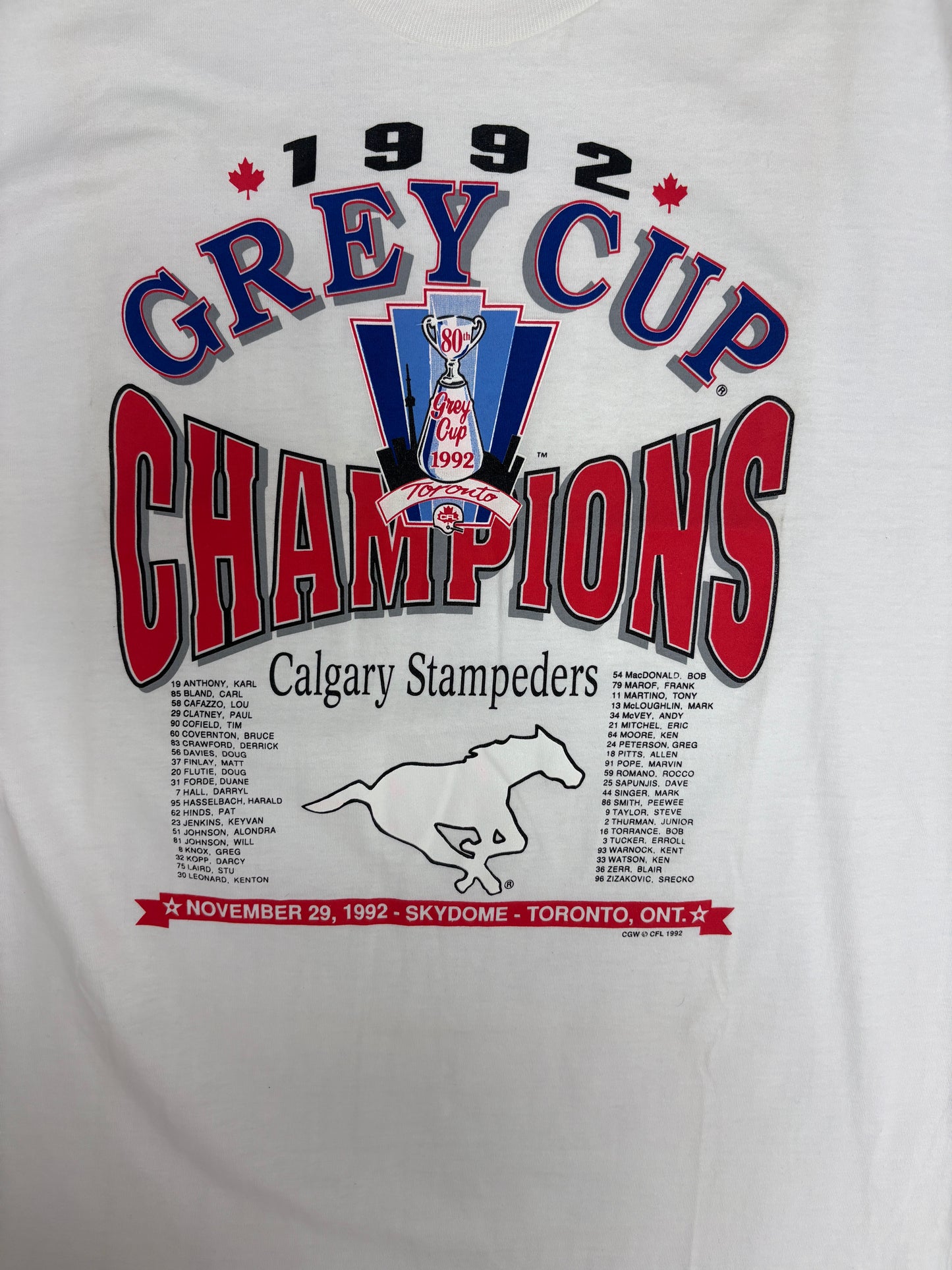 Calgary Stampeders Grey Cup Champions 1992 Graphic Tee | Size Large | Vintage 1990s CFL Football White T-Shirt |