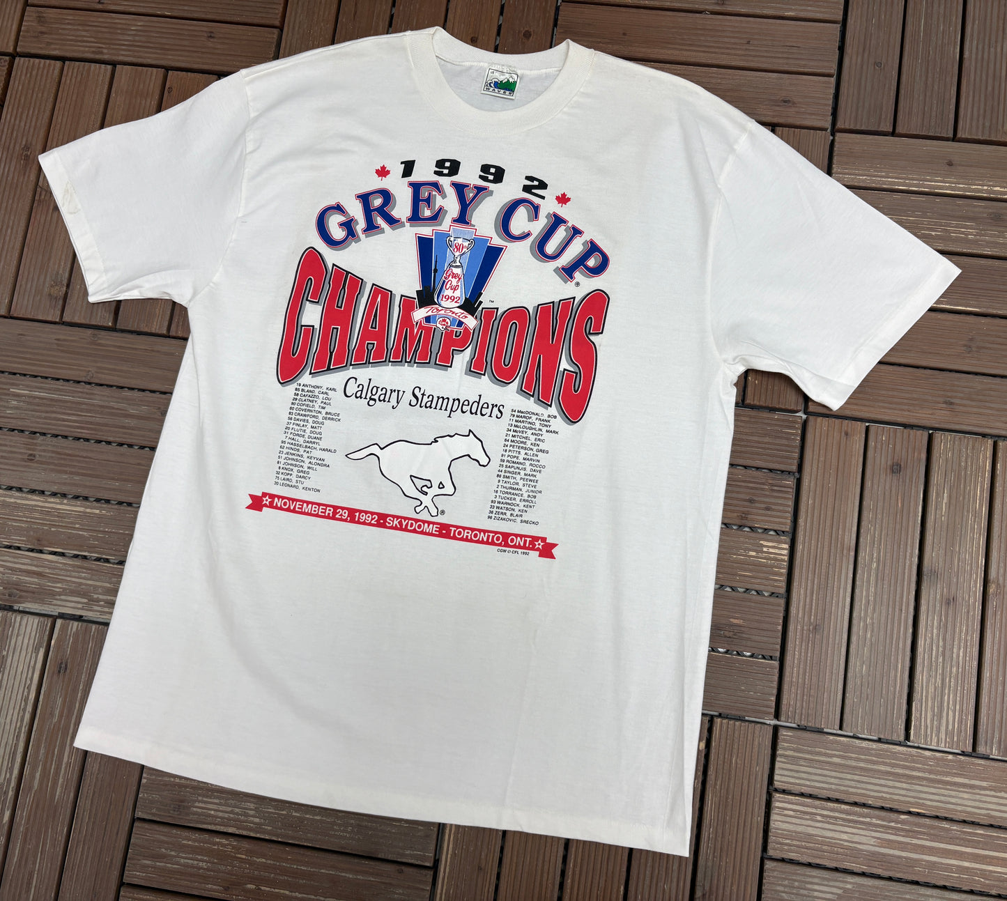 Calgary Stampeders Grey Cup Champions 1992 Graphic Tee | Size Large | Vintage 1990s CFL Football White T-Shirt |